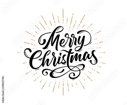 Merry Christmas. Lettering text for Merry Christmas. Greeting card, poster, banner with script text merry christmas. Holiday background with graphic, golden sunburst line rays. Vector Illustration