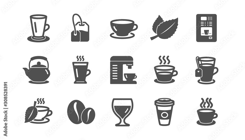 Coffee and Tea icons. Cappuccino, Teapot and Coffeepot. Coffee beans classic icon set. Quality set. Vector
