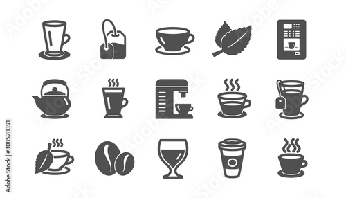 Coffee and Tea icons. Cappuccino, Teapot and Coffeepot. Coffee beans classic icon set. Quality set. Vector