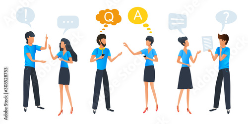 People talking and thinking, group chat communication with colorful dialogue speech bubbles, businessmen discuss social network, customer service, online support, question and answer, faq. Clip art