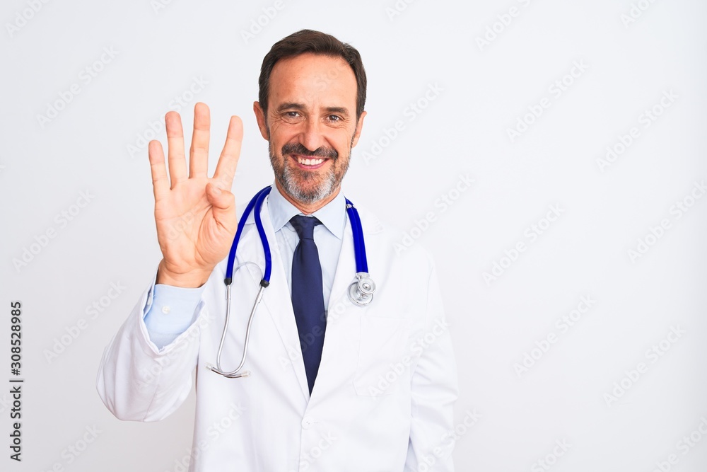 Middle age doctor man wearing coat and stethoscope standing over isolated white background showing and pointing up with fingers number four while smiling confident and happy. Middle age doctor man wearing coat and stethoscope standing over isolated white background showing and pointing up with fingers number four while smiling confident and happy.