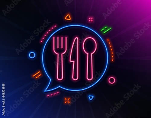 Food line icon. Neon laser lights. Cutlery sign. Fork, knife, spoon symbol. Glow laser speech bubble. Neon lights chat bubble. Banner badge with food icon. Vector