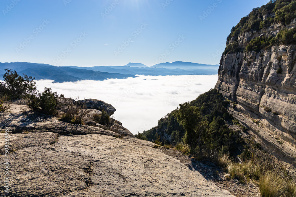 View of sea of fog from the top of the cliffs of Tavertet, Catalonia, Spain
