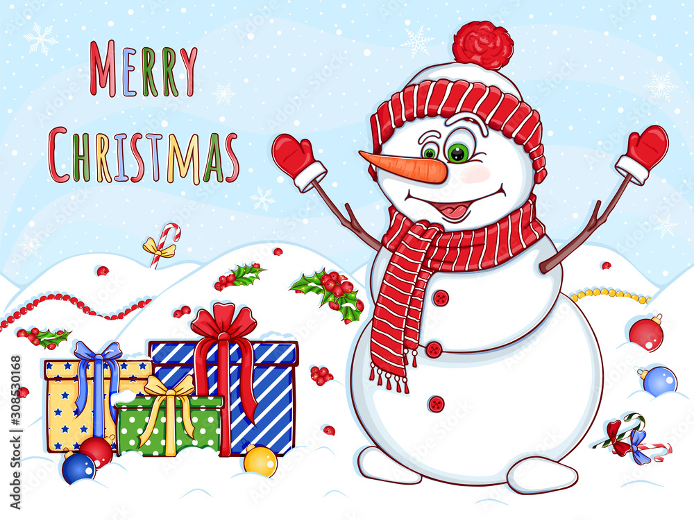 Merry funny Snowman character in cartoon style on light blue backdrop with  snowdrifts and gift boxes. Christmas card for a Happy New Year. Hand drawn.  Vector illustration isolated on white background. Stock