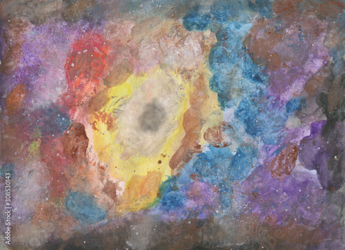 Grunge background, hand-drawn watercolor. Multicolor spots of paint, splashes, color transitions, brush strokes. Palette-blue, purple, yellow, red, brown