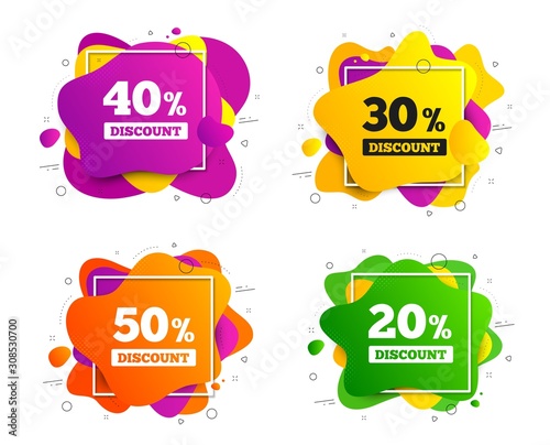 Sale discount icons. Banner shape, various colors. Special offer price signs. 20, 30, 40 and 50 percent off reduction symbols. Geometric vector banner. Gradient liquid shape badge. Vector