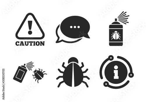 Caution attention symbol. Chat, info sign. Bug disinfection icons. Insect fumigation spray sign. Classic style speech bubble icon. Vector