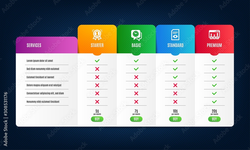 Reward, View document and Clock icons simple set. Price list, pricing table. Survey results sign. First place, Open file, Time. Best answer. Education set. Comparison vector table with price. Vector