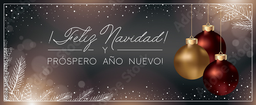 Christmas Background with Xmas Balls decoration and Elegant Greeting Text of Winter Holidays on Spanish. Spanish Colors Christmas Banner. Feliz Navidad