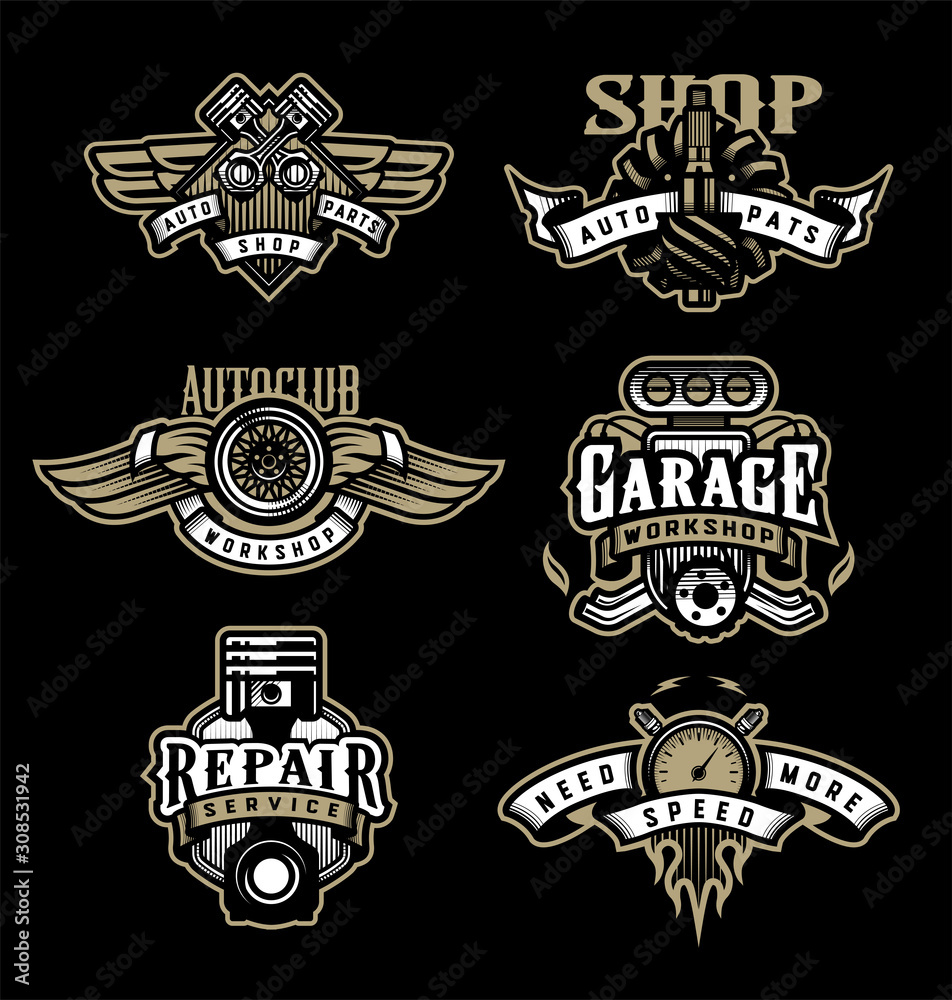 Obraz premium Set of vintage monochrome auto emblems, badges, logos on a dark background.
