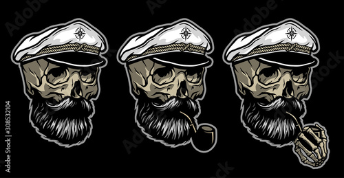 Skull of a sailor in a knitted hat and with a tobacco pipe. In three options on a dark background. Vector illustration.