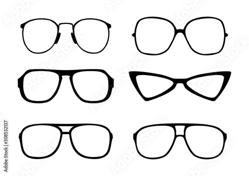 Glasses icon. Set of six modern glasses frames. Front view. Flat vector.