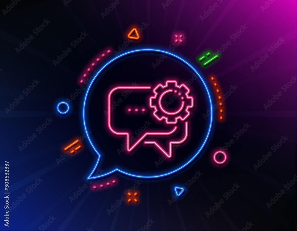 Employees messenger line icon. Neon laser lights. Speech bubble sign. Chat message symbol. Glow laser speech bubble. Neon lights chat bubble. Banner badge with employees messenger icon. Vector