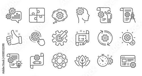 Engineering line icons. Puzzle, Dividers tool and Architect plan. Engineer linear icon set. Quality line set. Vector
