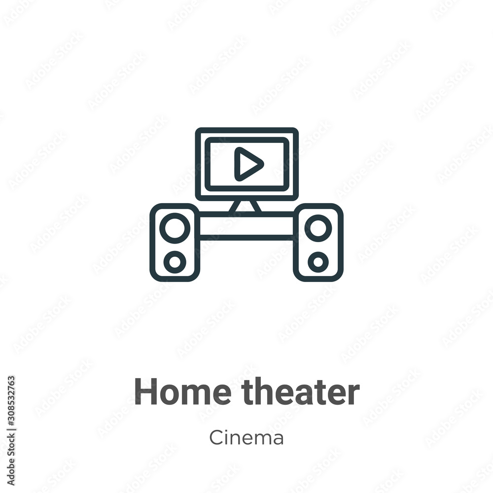 Home theater outline vector icon. Thin line black home theater icon, flat vector simple element illustration from editable cinema concept isolated on white background