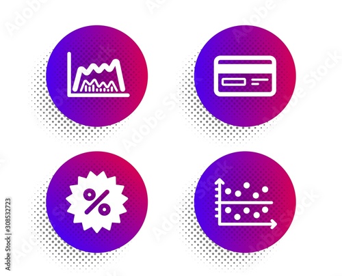 Discount, Trade chart and Credit card icons simple set. Halftone dots button. Dot plot sign. Special offer, Market data, Card payment. Presentation graph. Finance set. Vector