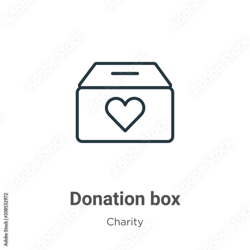 Donation box outline vector icon. Thin line black donation box icon, flat vector simple element illustration from editable charity concept isolated on white background
