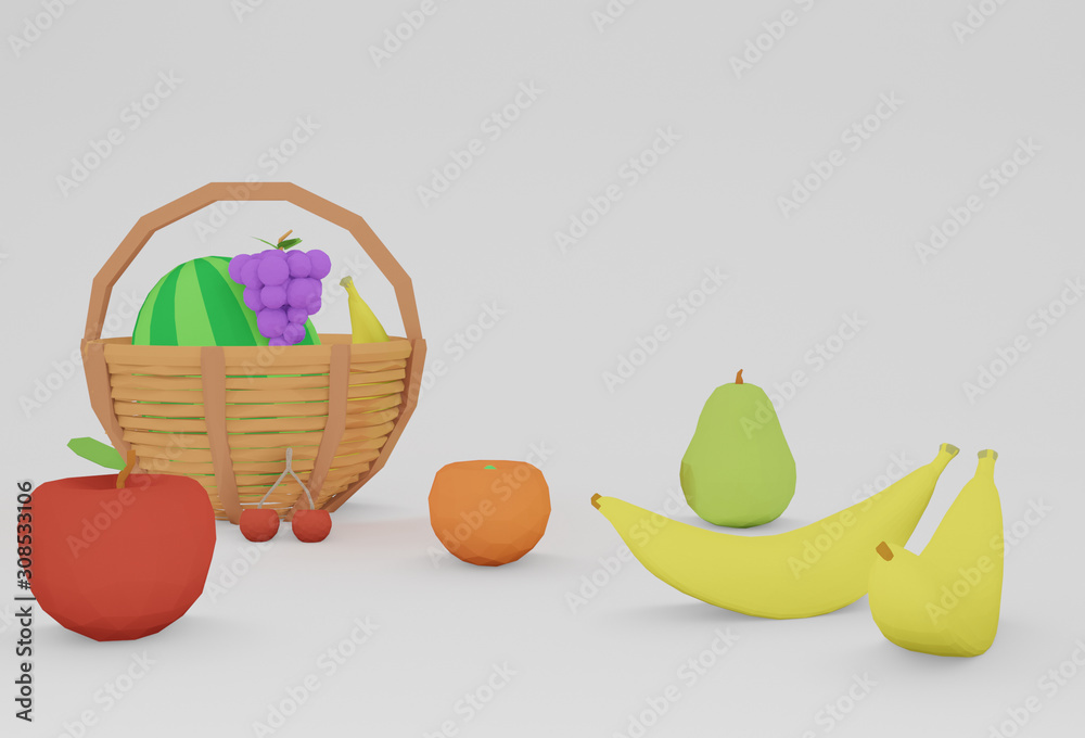 cute low poly apple,orange,grape,watermelon,cherry,pare. fresh fruit set  and basket for healthy minimal idea creative concept. " 3D illustration"  Stock Illustration | Adobe Stock