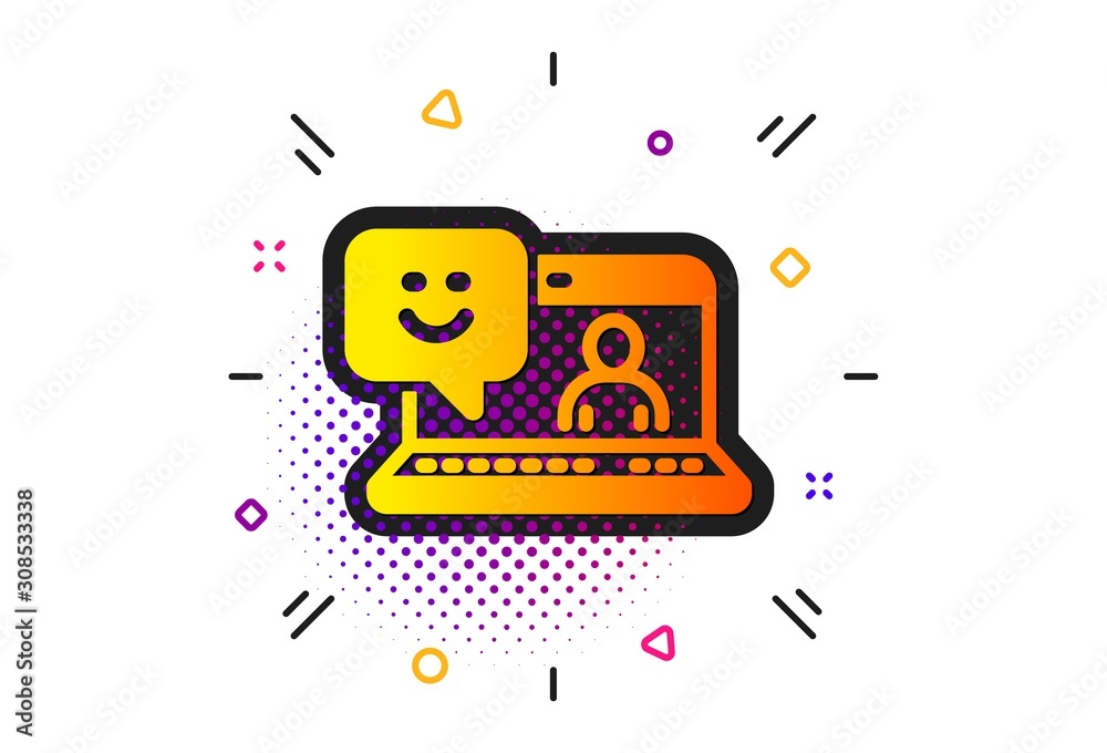 Positive feedback rating sign. Halftone circles pattern. Smile laptop icon. Customer satisfaction symbol. Classic flat smile icon. Vector
