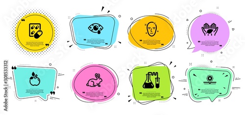 No sun, Chemistry lab and Animal tested line icons set. Chat bubbles with quotes. Ð¡onjunctivitis eye, Health skin and Eco food signs. Capsule pill, Fair trade symbols. Vector