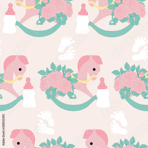 toy horse and pink flowers in a seamless pattern design