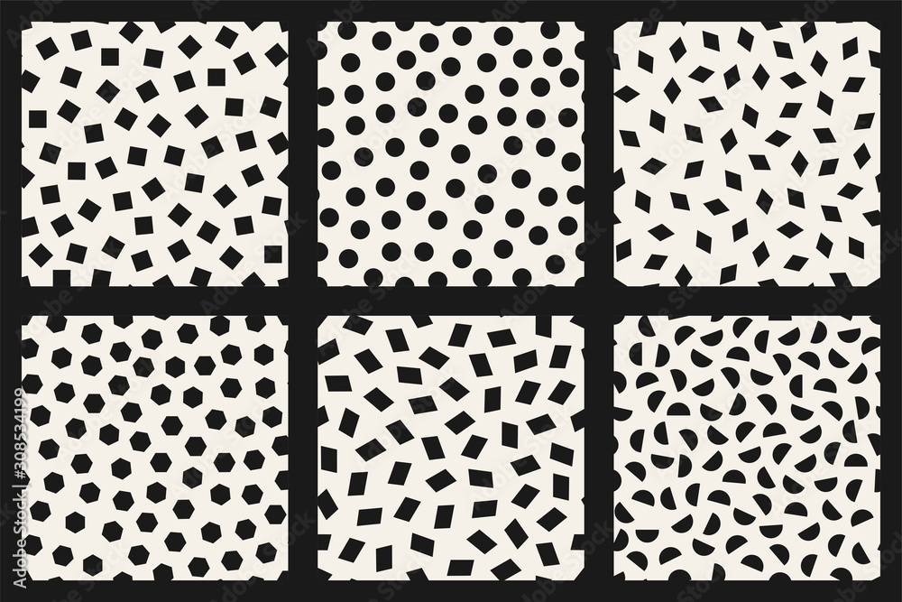 Set of vector seamless creative patterns. Modern stylish textures with randomly disposed shapes. Repeating abstract minimalistic backgrounds. Trendy hipster prints