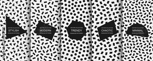 Collection of vector seamless simple patterns. Modern stylish textures with randomly disposed shapes. Repeating abstract minimalistic backgrounds. Trendy hipster prints