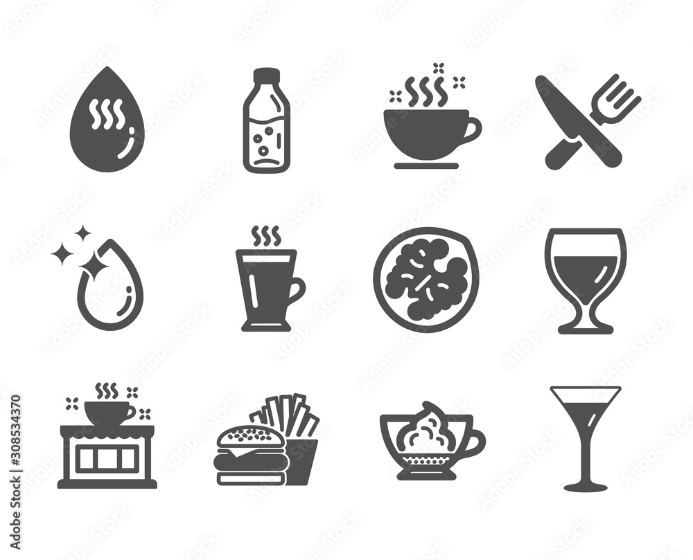Set of Food and drink icons, such as Espresso cream, Food, Water drop, Coffee cup, Hot water, Wine glass, Burger, Latte, Walnut, Coffee shop, Martini glass classic icons. Espresso cream icon. Vector Set of Food and drink icons, such as Espresso cream, Food, Water drop, Coffee cup, Hot water, Wine glass, Burger, Latte, Walnut, Coffee shop, Martini glass classic icons. Espresso cream icon. Vector