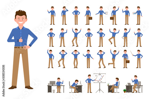 Cartoon character office business man vector illustration. Flat style design happy worker male person poses set on white background