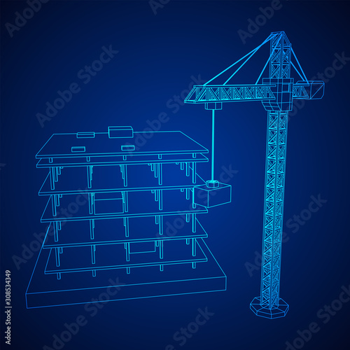 Building under construction with crane. Build house construct in process. Wireframe low poly mesh vector illustration
