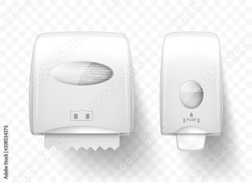 Dispenser for liquid soap and paper towels, realistic vector. White equipment for public toilets, hygiene care and clean hands, soap pump and wall-mounted roll towel holder isolated on transparent