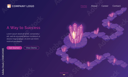 Way to success, vector isometric concept. Fantasy path maze or labyrinth with stone islands and pink crystals. Corporate landing web page template with game design and ultraviolet background