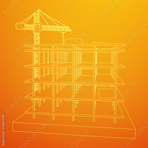 Building under construction with crane. Build house construct in process. Wireframe low poly mesh vector illustration