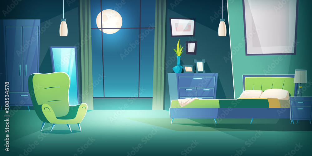 Bedroom interior at night cartoon vector illustration. Comfortable