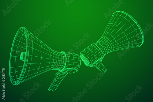 Megaphone or bullhorn for amplifying voice for protests rallies or public speaking. Wireframe low poly mesh vector illustration
