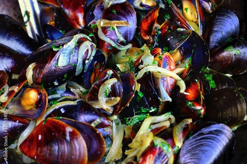 Delicious seafood mussels with with sauce and parsley.