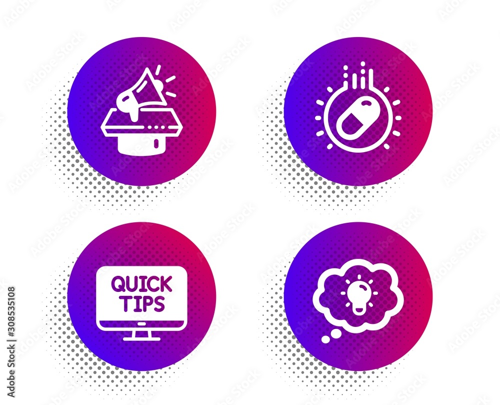 Capsule pill, Megaphone and Web tutorials icons simple set. Halftone dots button. Energy sign. Medicine drugs, Brand advertisement, Quick tips. Lightbulb. Business set. Vector Capsule pill, Megaphone and Web tutorials icons simple set. Halftone dots button. Energy sign. Medicine drugs, Brand advertisement, Quick tips. Lightbulb. Business set. Vector