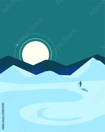 Minimalist landscape poster design, hiking on polar landscape, adventure on nordic winter scenery  poster,flyer ,space for copy