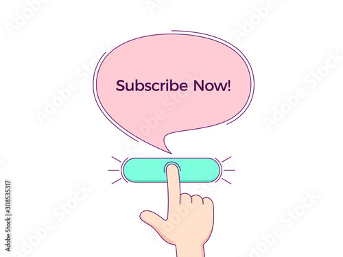 Call to action with text Subscribe Now. Cartoon human hand push the button by forefinger, CTA button