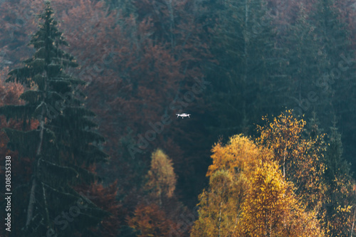 White drone flying in the forest in autumn season. © szaboerwin