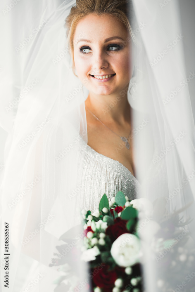 Beautiful bride wearing fashion wedding dress with feathers with luxury delight make-up and hairstyle, studio indoor photo shoot Beautiful bride wearing fashion wedding dress with feathers with luxury delight make-up and hairstyle, studio indoor photo shoot