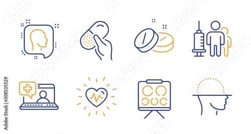 Heartbeat, Medical help and Capsule pill line icons set. Vision board, Head and Medical vaccination signs. Face scanning symbol. Medicine laptop, Medicine drugs. Healthcare set. Vector