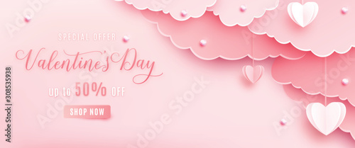 Happy valentines day greeting background in papercut realistic style. Paper clouds, heart on string, pearls. Pink banner party invitation template. Calligraphy words text sign on copy space