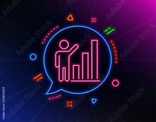 Graph line icon. Neon laser lights. Column chart sign. Growth diagram symbol. Glow laser speech bubble. Neon lights chat bubble. Banner badge with graph chart icon. Vector