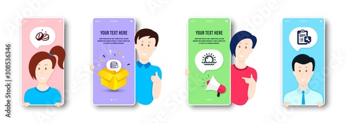 Recovery server, Sunset and Medical tablet icons simple set. People on phone screen. Spanner sign. Backup data, Sunny weather, Medicine pill. Repair service. Business set. Vector