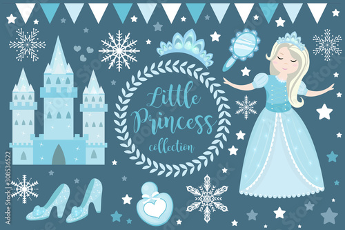 Fototapeta Cute little snow princess, cold queen objects set