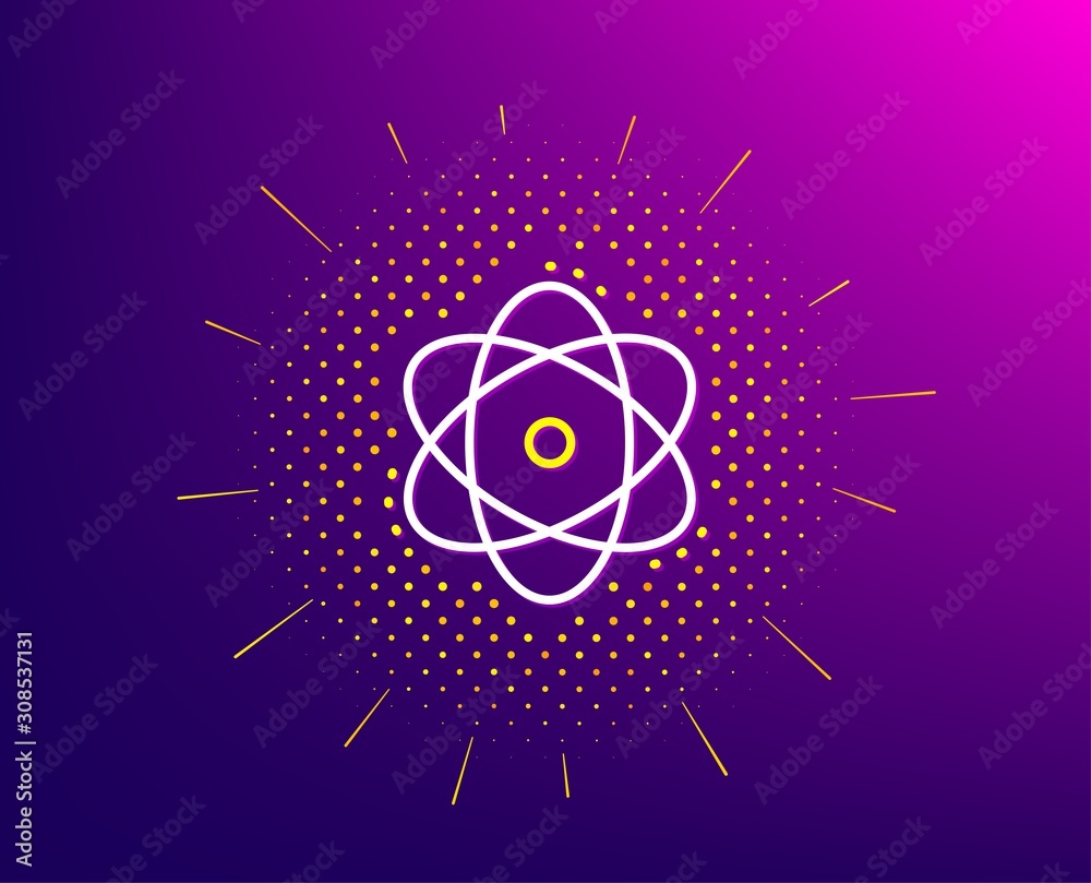 Fototapeta premium Atom line icon. Halftone pattern. Energy sign. Chemical element symbol. Gradient background. Atom line icon. Yellow halftone pattern. Vector