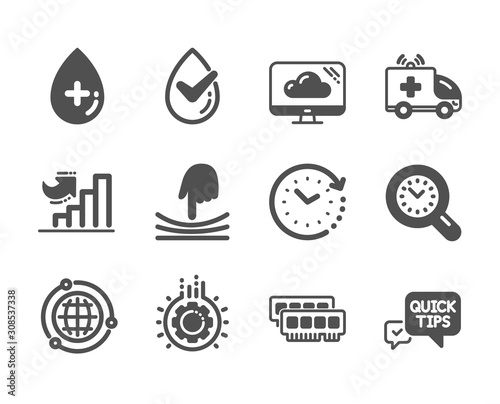 Set of Science icons, such as Gear, Dermatologically tested, Ambulance car, Globe, Cloud storage, Ram, Time management, Oil serum, Growth chart, Quick tips, Time change, Elastic. Gear icon. Vector