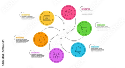Text message, Cooking beaker and Online statistics line icons set. Infographic timeline. Sleep, Clock bell and Shoulder strap signs. Chat bubble, Water, Computer data. Zzz bubble. Business set. Vector