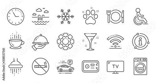 Hotel service line icons. Wi-Fi, Air conditioning and Washing machine. Pets, swimming pool and hotel parking icons. Linear set. Quality line set. Vector